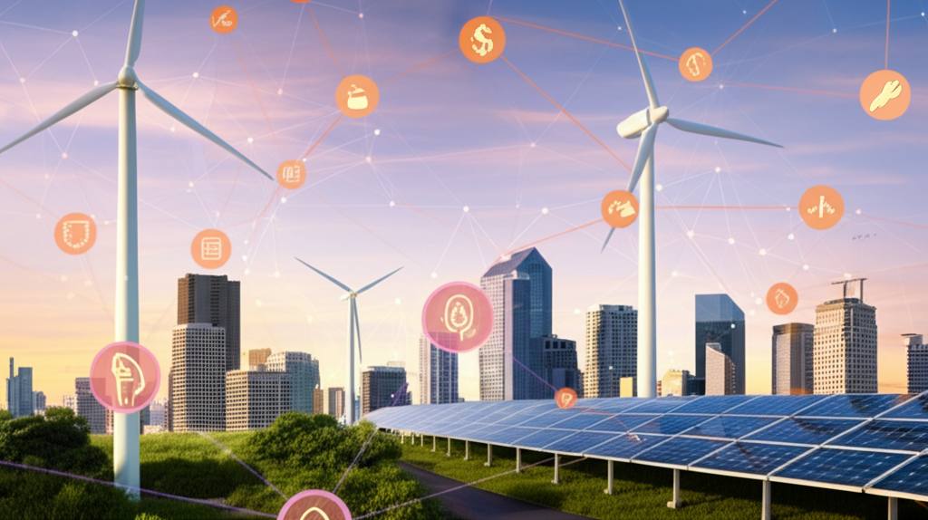 Future vision of renewable energy with solar panels and wind turbines in a sustainable landscape